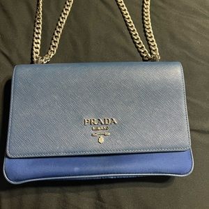 PRADA
Saffiano Tessuto Nylon Chain Shoulder Bag Blue